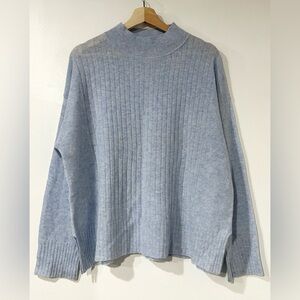 NEW Alashan Cashmere Rib Mock Neck Sweater Light Blue L‎ Old Money Quiet Luxury